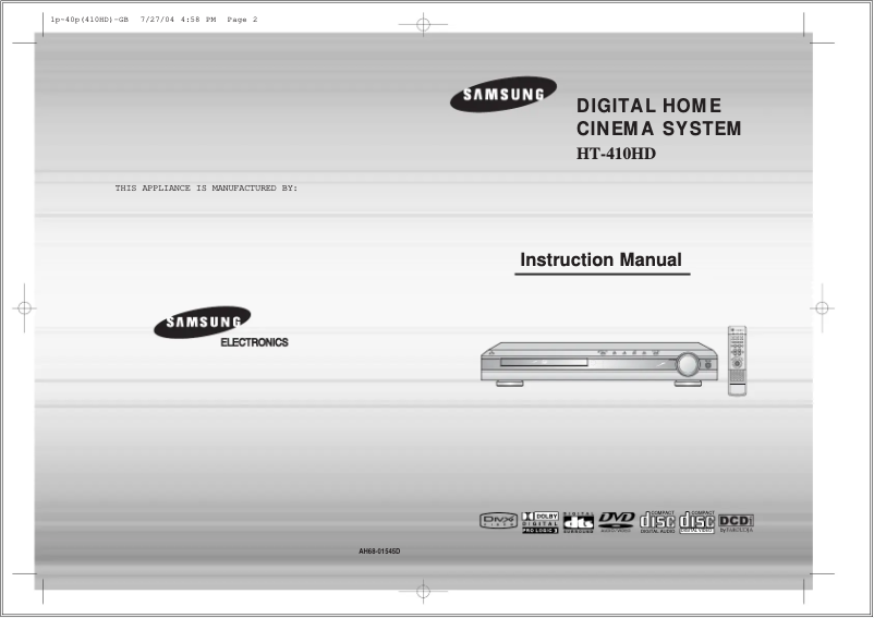 Page 1 de la notice Manuel utilisateur Samsung HT-410HD