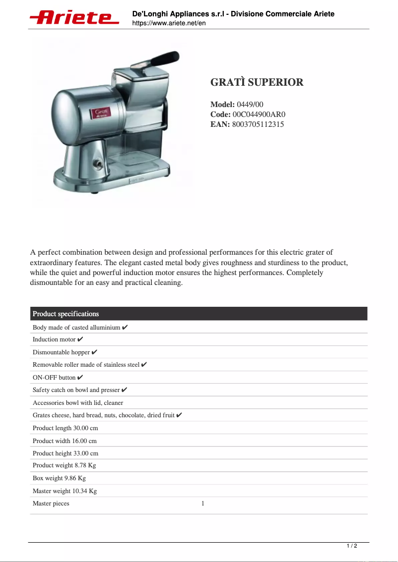 Page n°1 - Fiche technique Ariete Gratì Superior 0449