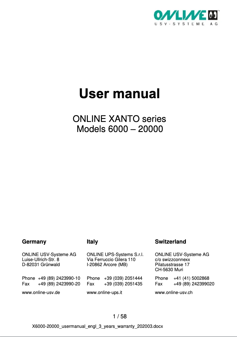 Page n°1 - Manuel utilisateur Online USV Xanto X10000
