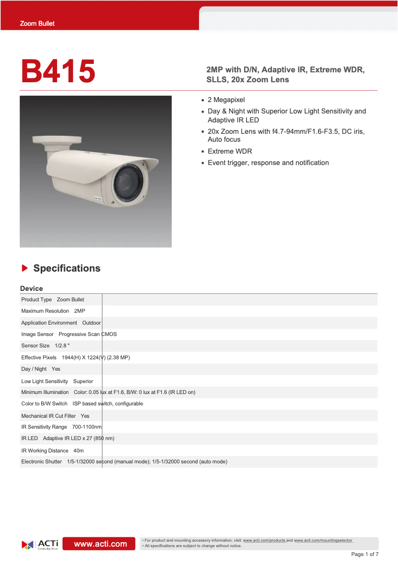 Page 1 de la notice Fiche technique ACTi B415