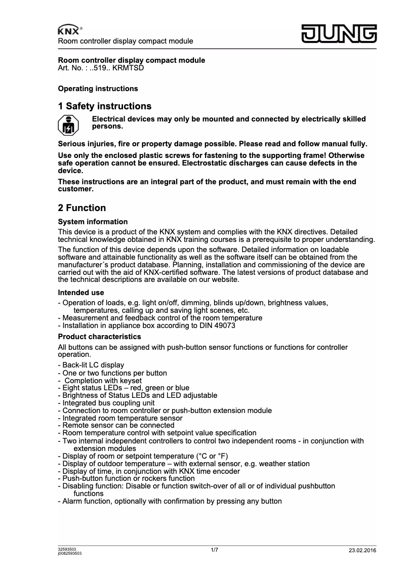 Page n°1 - Manuel utilisateur JUNG A 5194 KRM TS D