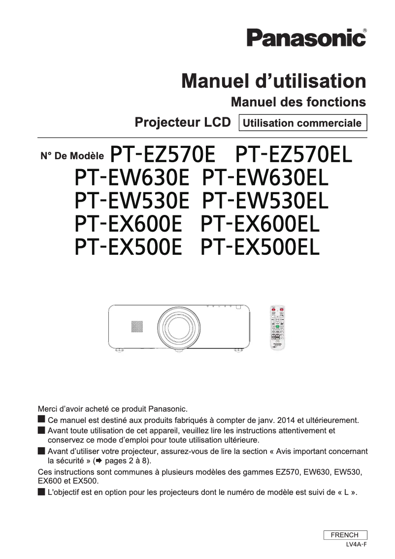 Page 1 de la notice Manuel utilisateur Panasonic PT-EW530