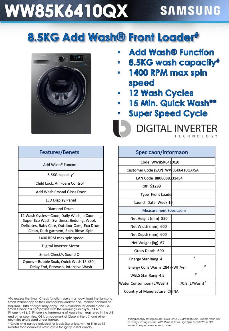 Page 1 de la notice Fiche technique Samsung WW85K6410QX