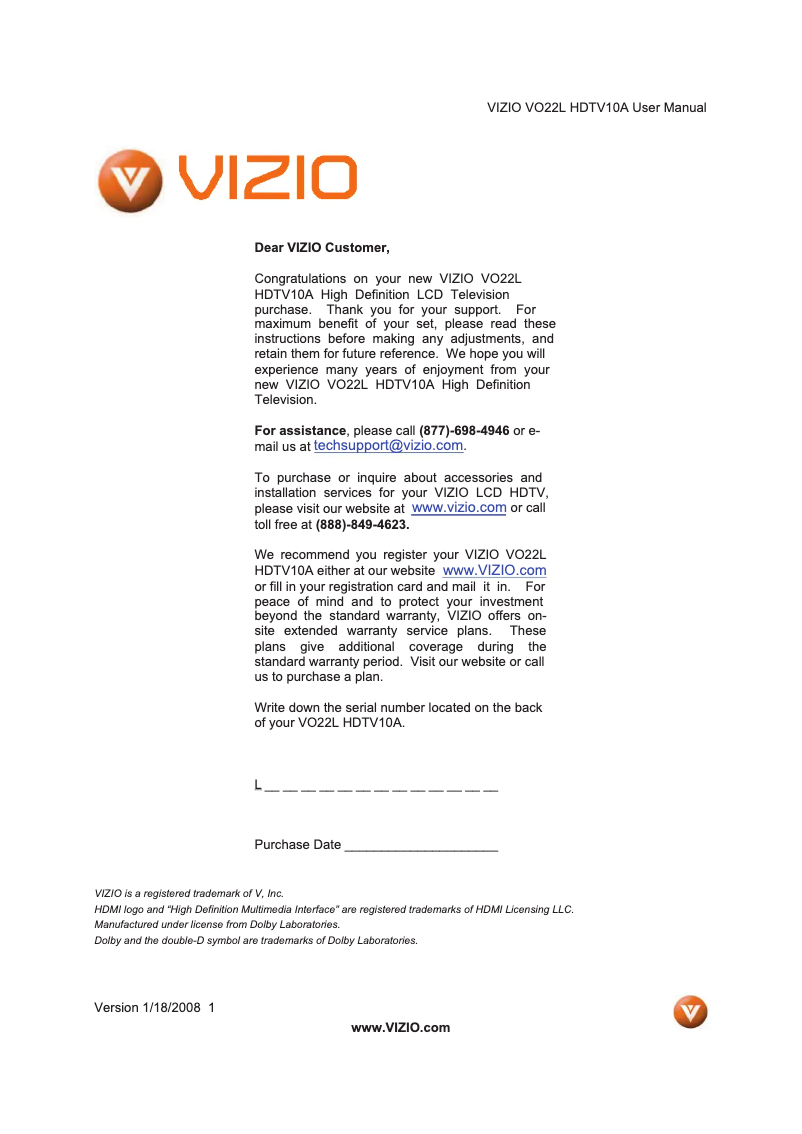 Page 1 de la notice Manuel utilisateur VIZIO VO22LFHDTV10A