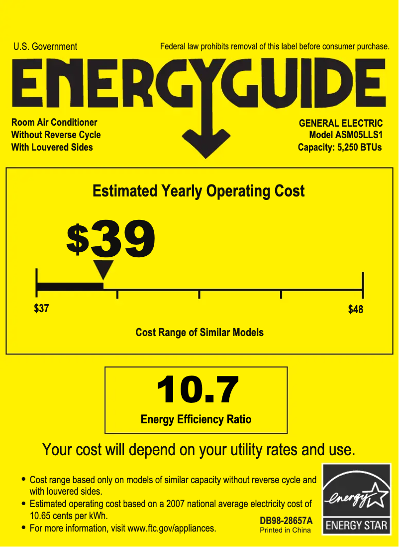 Page 1 de la notice Label énergétique GE ASM05LL