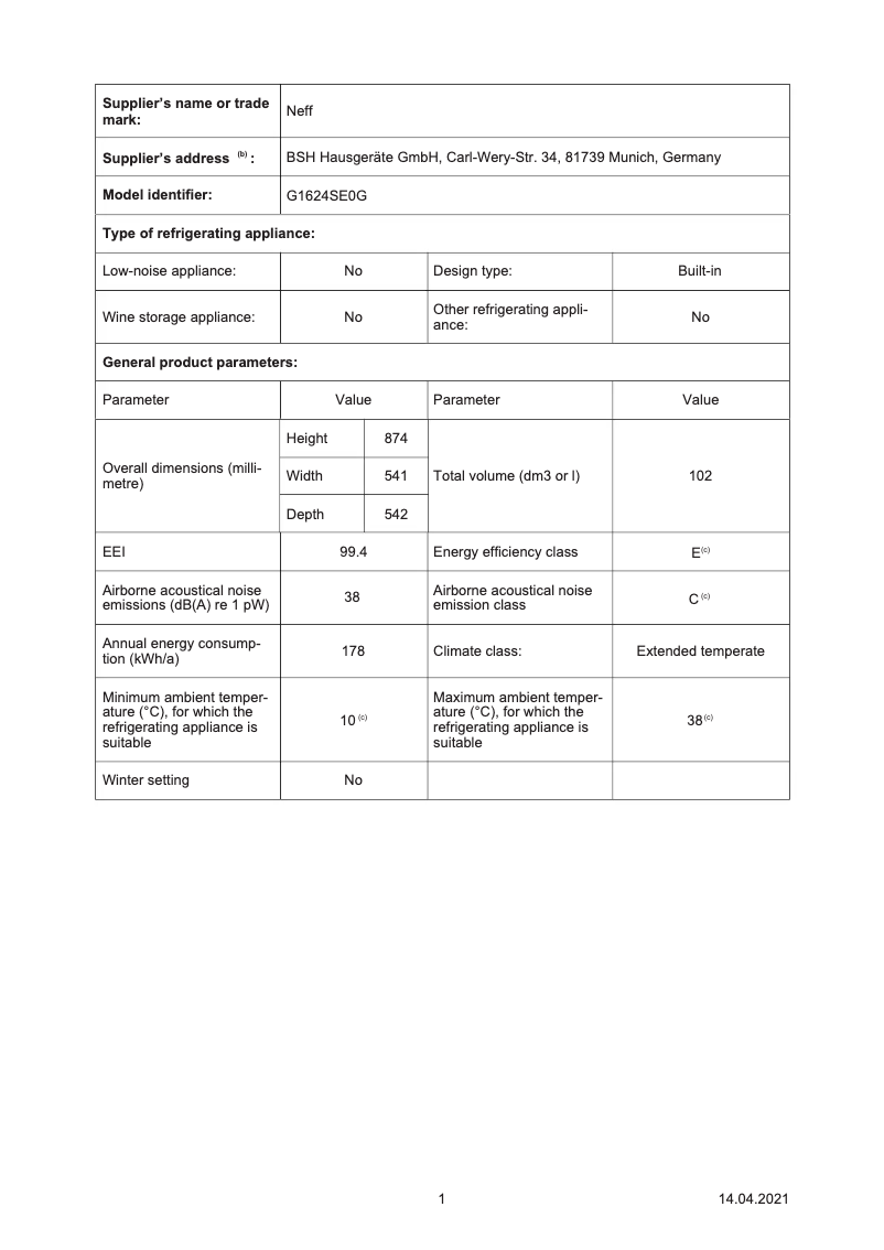 Page 1 de la notice Fiche technique Neff G1624SE0G