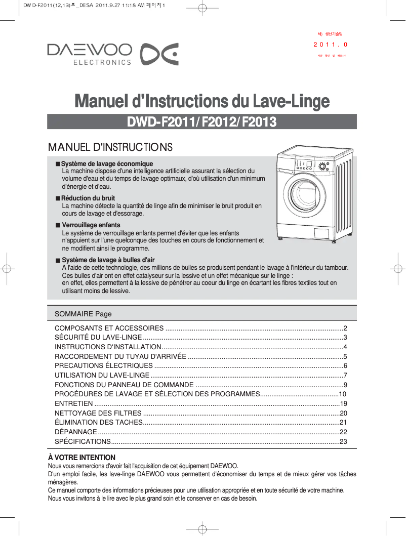 Page n°1 - Manuel utilisateur Daewoo DWD-F2013