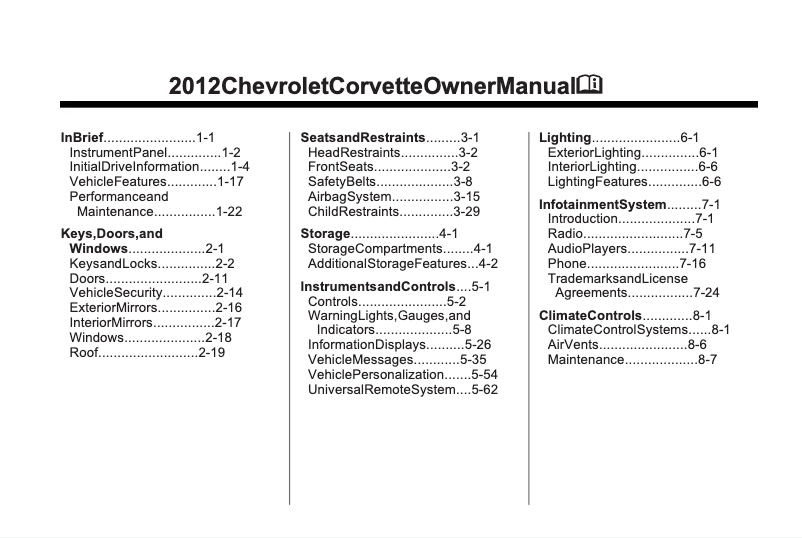 Page 1 de la notice Manuel utilisateur Chevrolet Corvette ZR1 (2012)