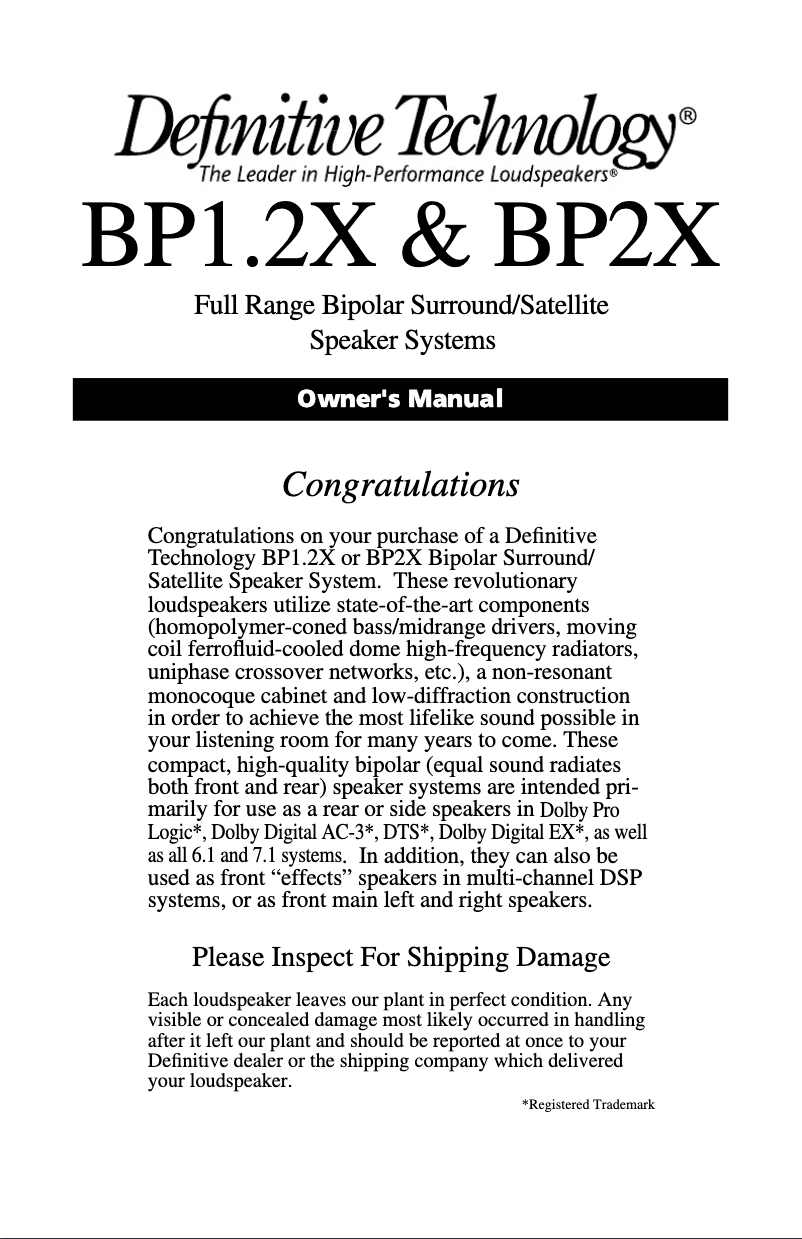 Page n°1 - Manuel utilisateur Definitive Technology BP2X