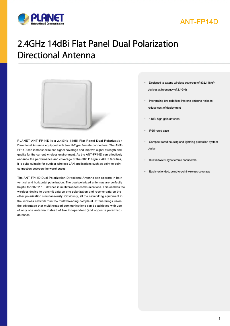 Page 1 de la notice Fiche technique Planet ANT-FP14D