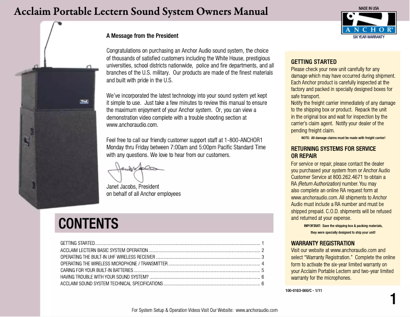 Page 1 de la notice Manuel utilisateur Anchor Audio ACL-DP/HH/HBM