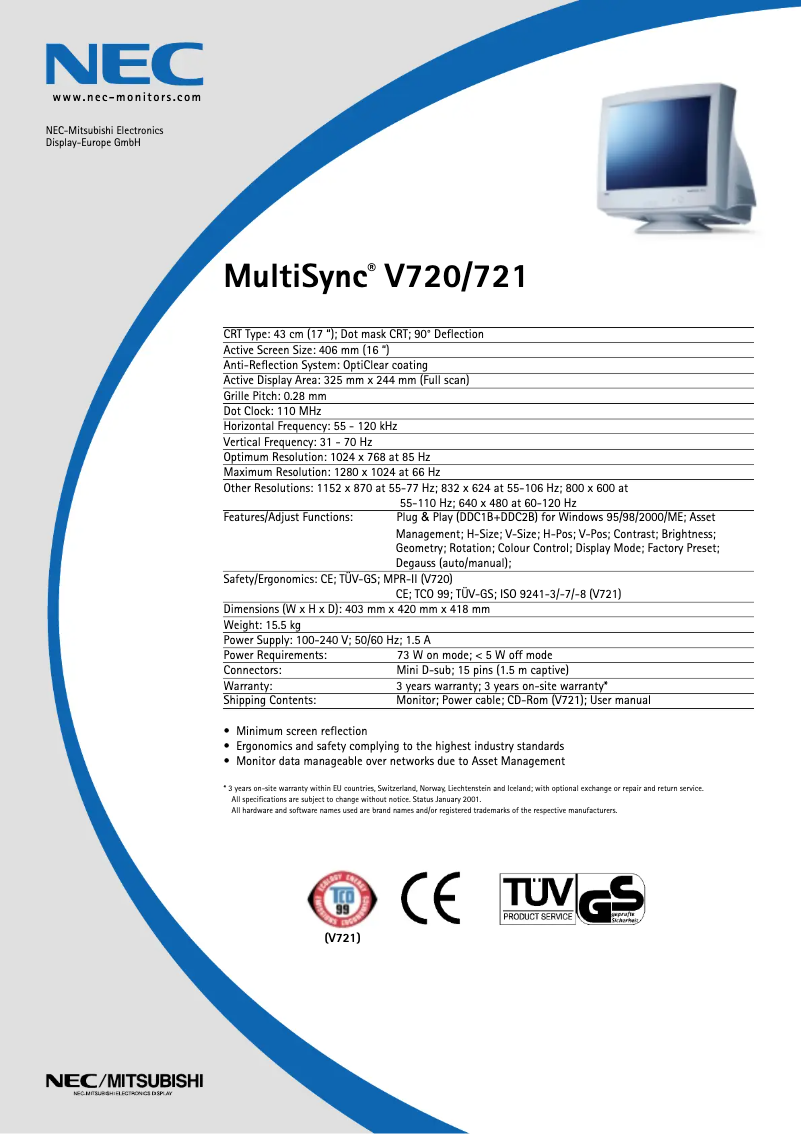 Página 1 del manual Ficha técnica NEC MultiSync V720