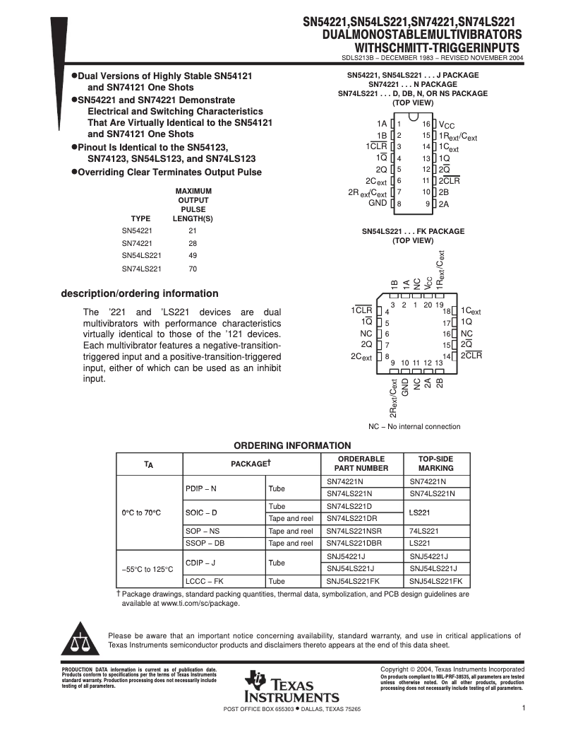 Page 1 de la notice Manuel utilisateur Texas Instruments SN74221N
