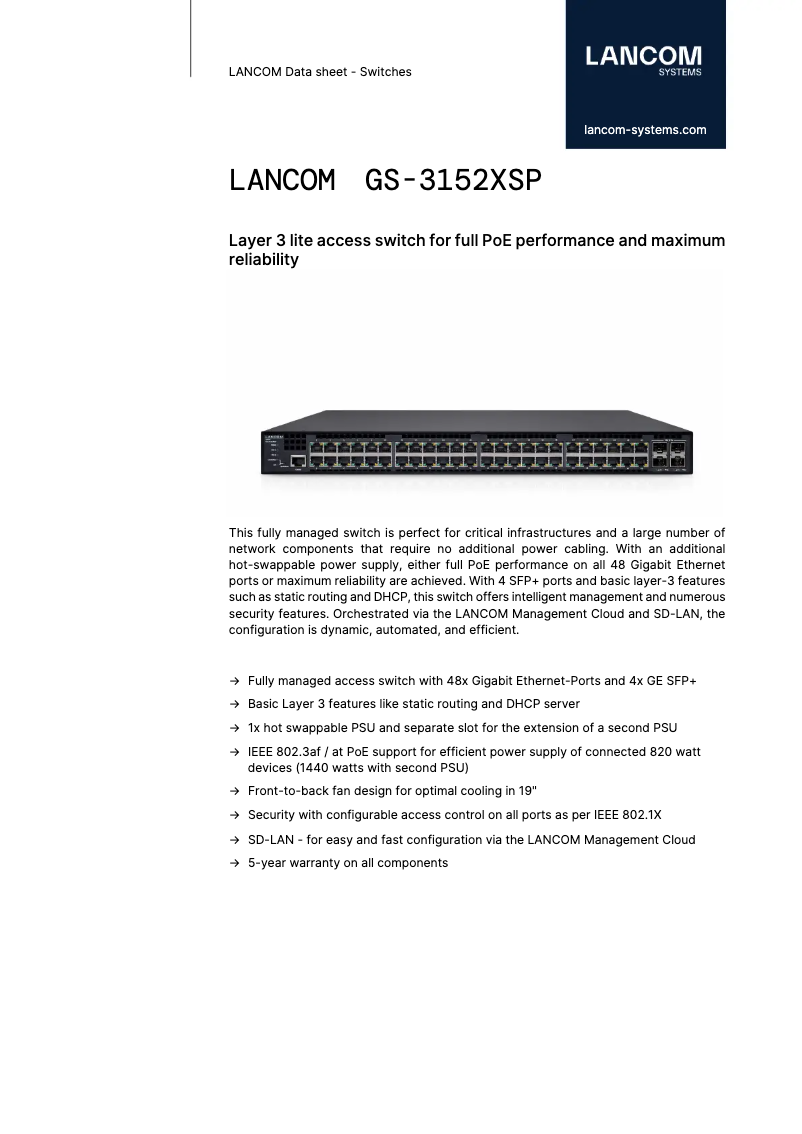 Page n°1 - Fiche technique Lancom GS-3152XSP