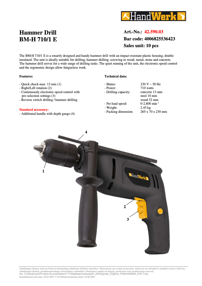 Page 1 de la notice Manuel utilisateur Handwerk BM-H 710/1 E