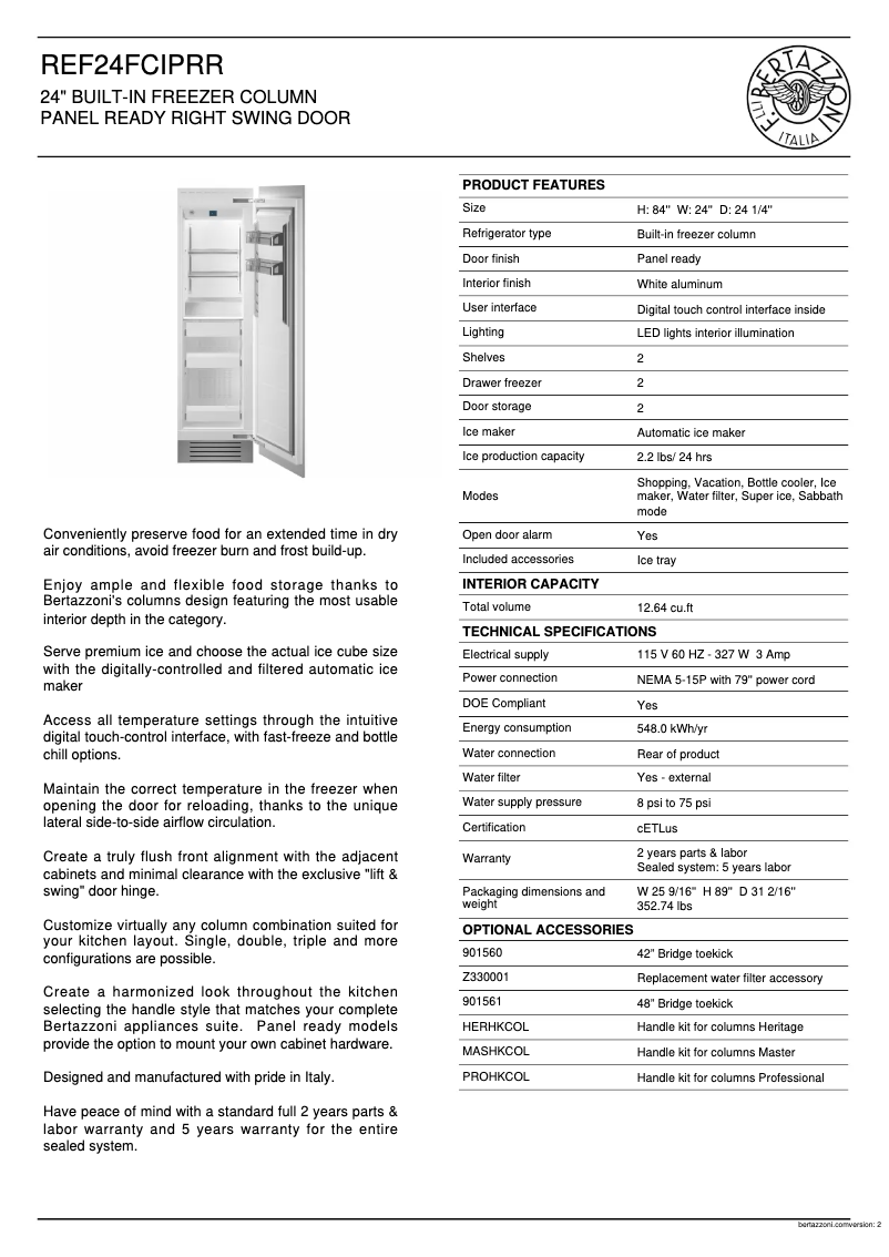 Page 1 de la notice Fiche technique Bertazzoni REF24FCIPRR