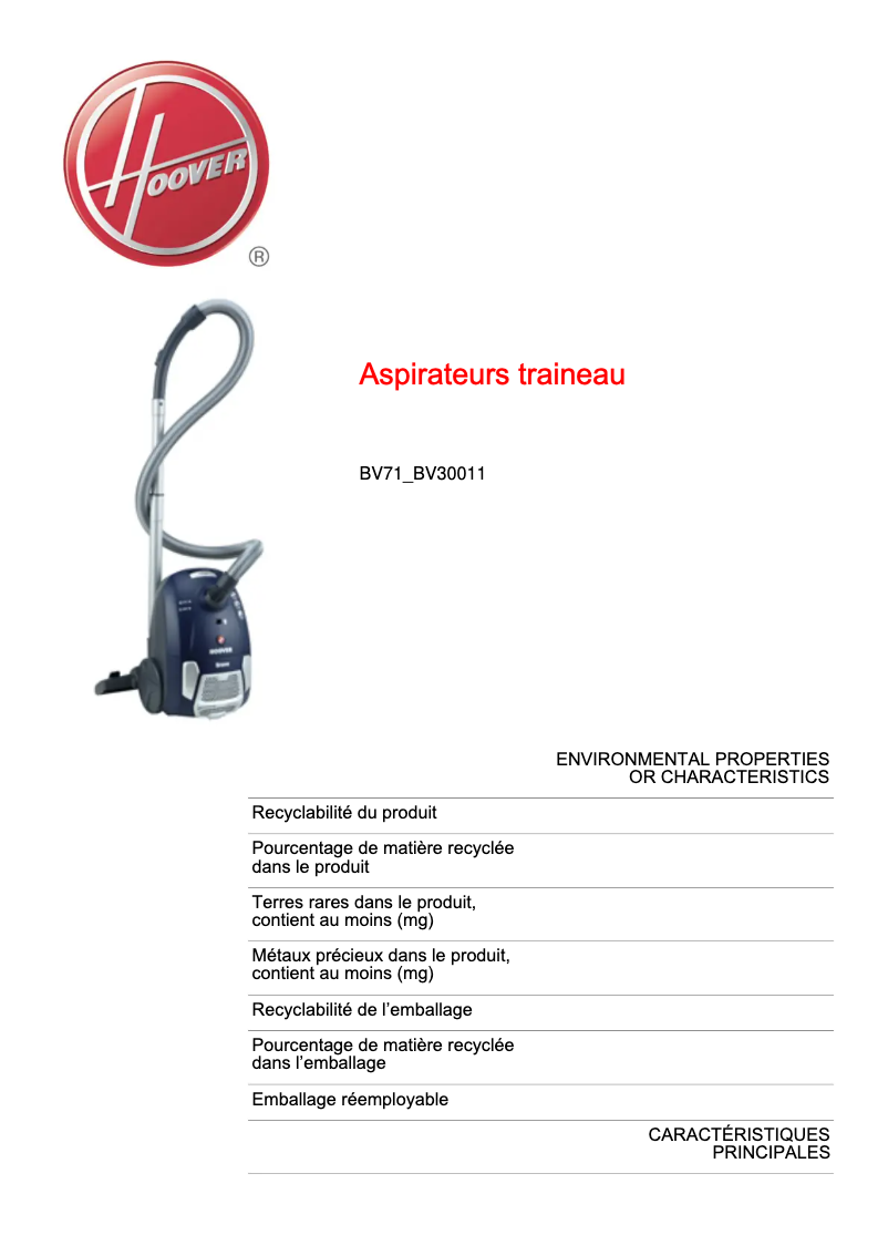Page n°1 - Fiche technique Hoover BV71_BV30011