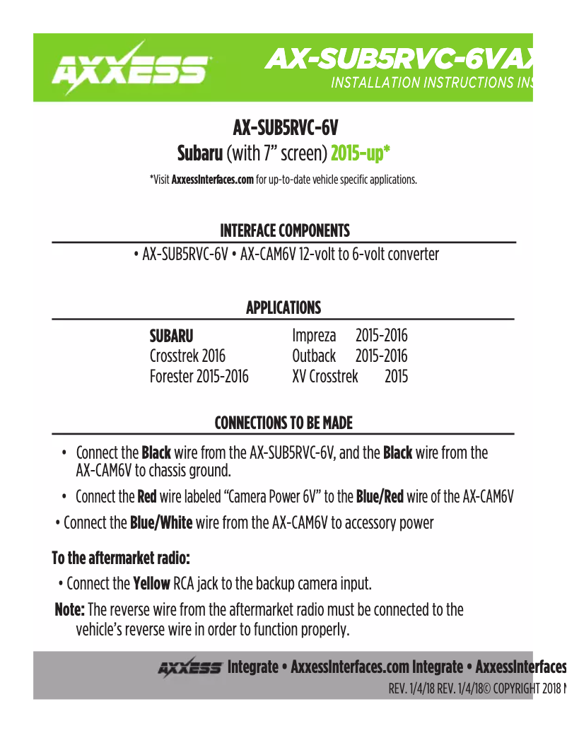 Page 1 de la notice Guide d'installation Metra AX-SUB5RVC-6V