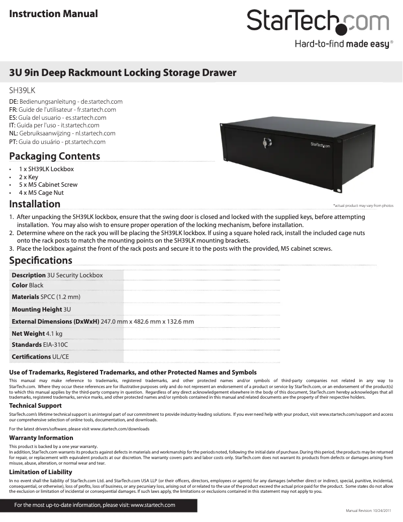 Page n°1 - Manuel utilisateur StarTech.com SH39LK
