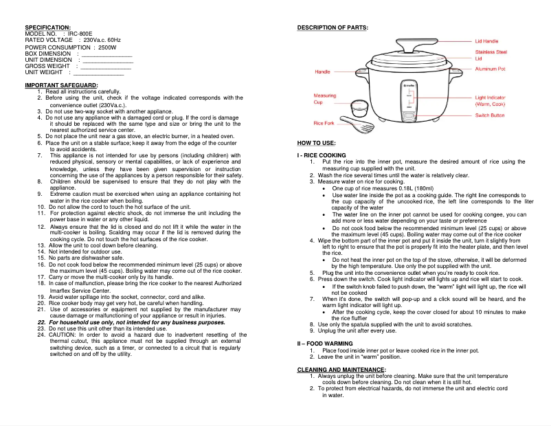 Page n°1 - Manuel utilisateur Imarflex IRC-800E