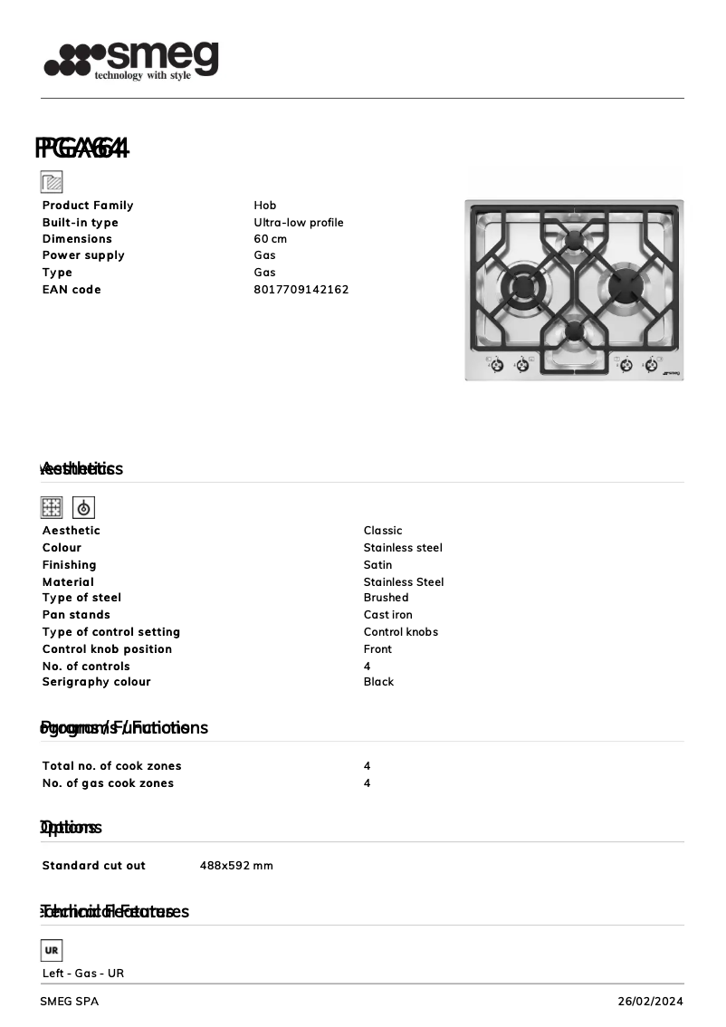 Page 1 de la notice Fiche technique Smeg PGA64