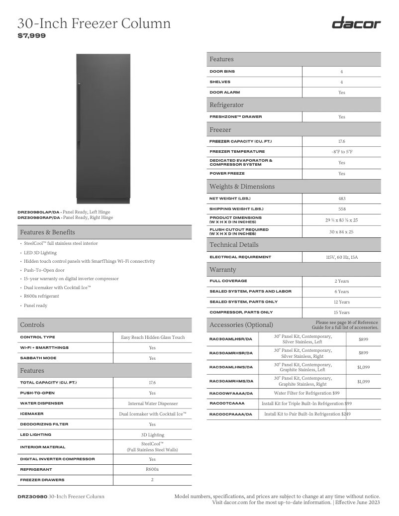 Page n°1 - Fiche technique Dacor RAC30AMLHSR