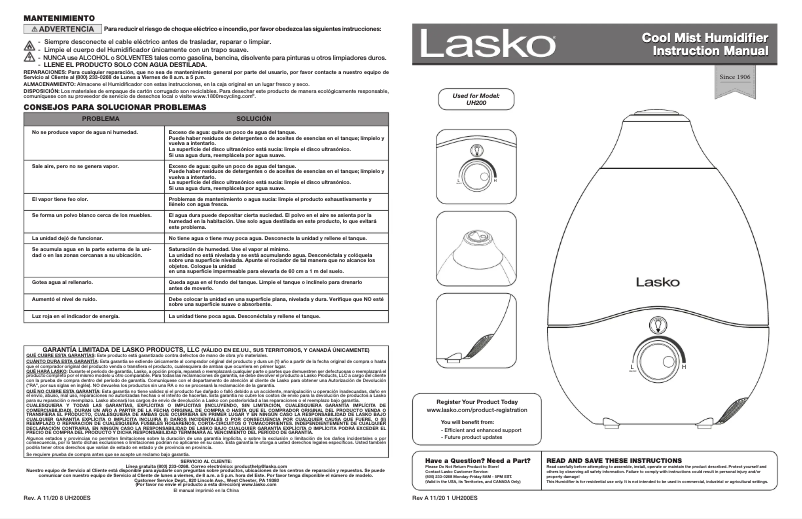 Página 1 del manual Manual de usuario Lasko Ultrasonic Cool Mist UH200
