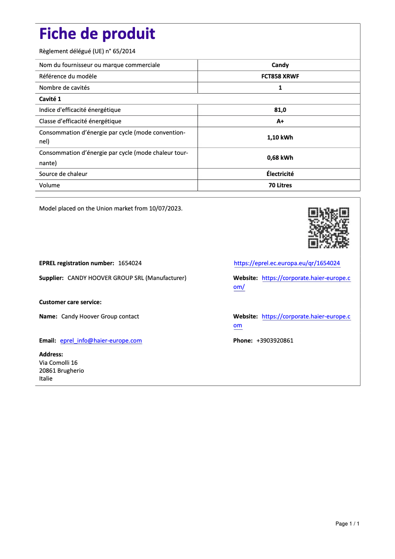 Page 1 de la notice Manuel utilisateur Candy FCT858 XRWF