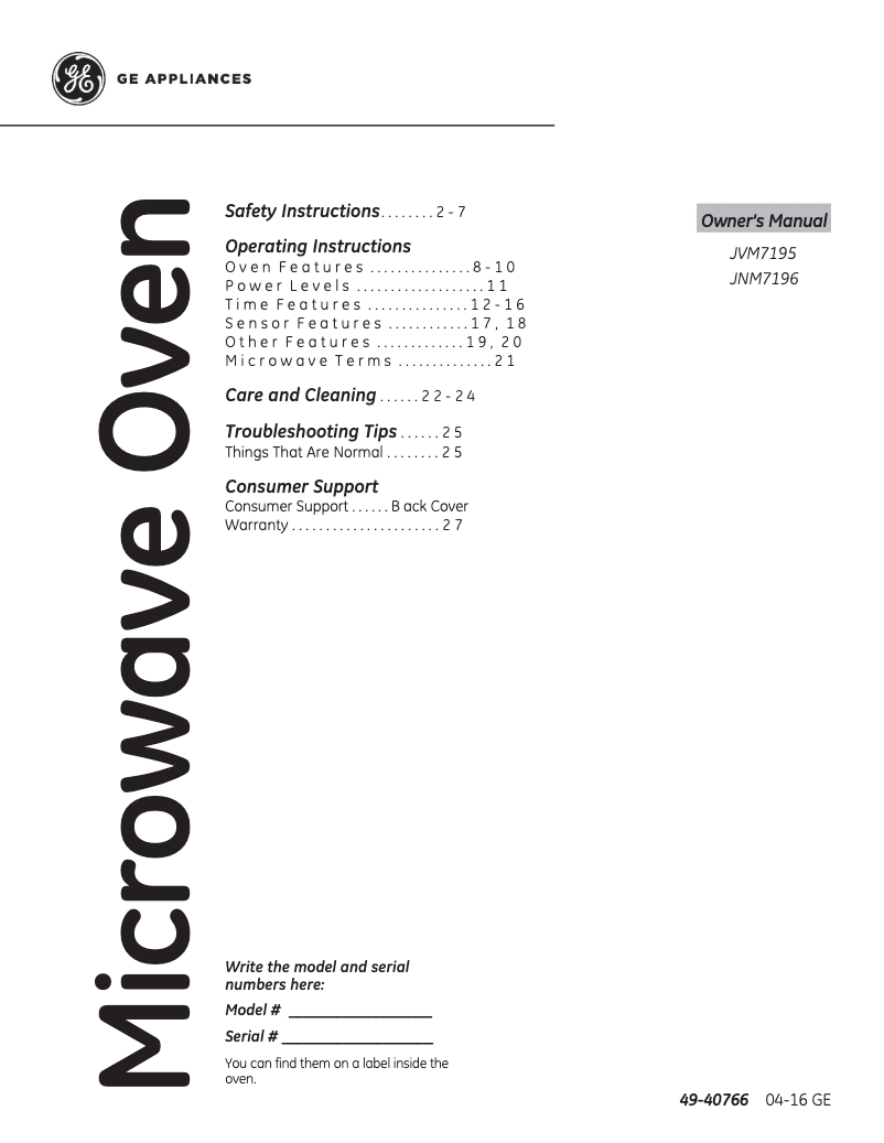 Page 1 de la notice Manuel d'utilisation et d'entretien GE JNM7196SFSS