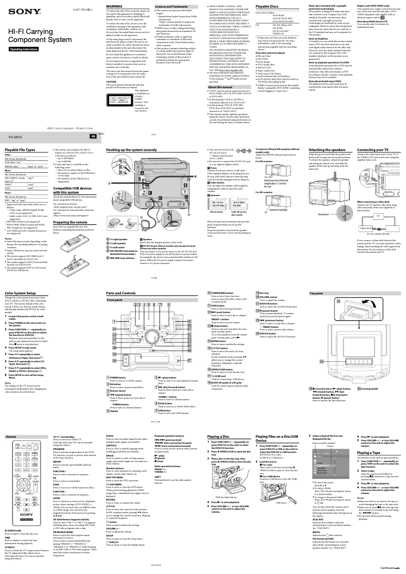 Page 1 de la notice Manuel utilisateur Sony FH-SR1D