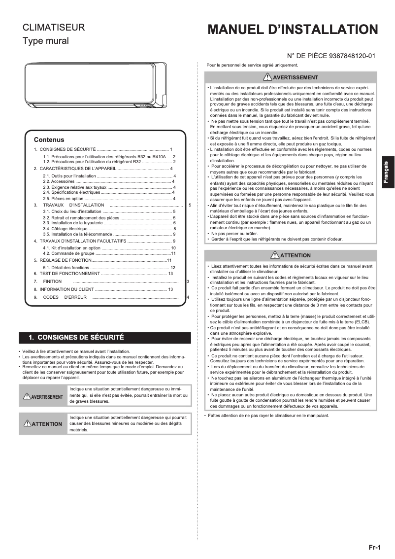 Page 1 de la notice Manuel utilisateur Fujitsu ASYG12KMCE