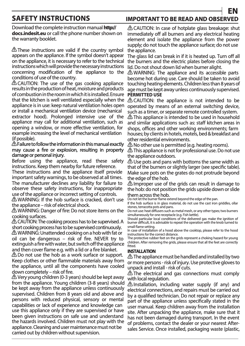 Page n°1 - Manuel utilisateur Indesit ING 72T/BK