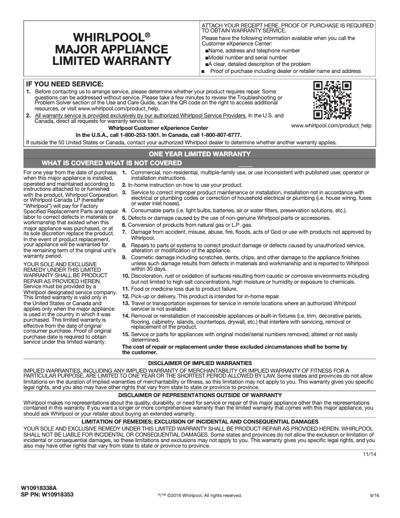 Page 1 de la notice Informations de garantie Whirlpool WMH31017HS
