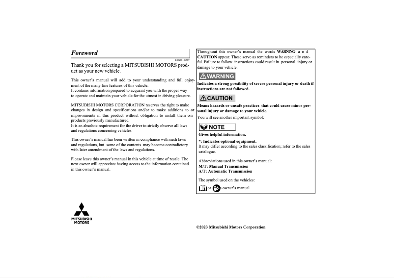 Page 1 de la notice Manuel utilisateur Mitsubishi Triton (2023)