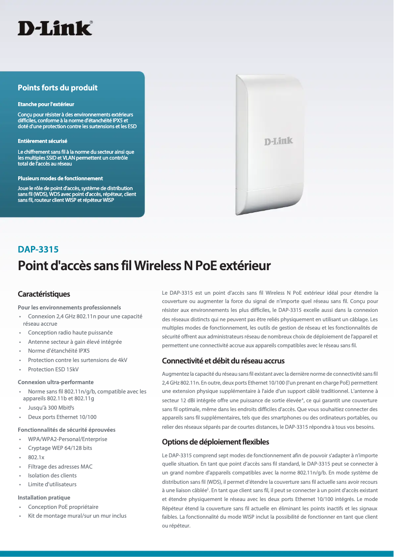 Page n°1 - Fiche technique D-Link DAP-3315 WLAN