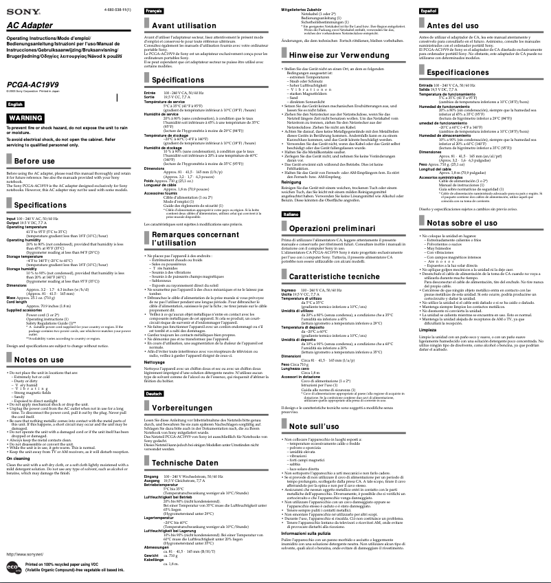 Page 1 de la notice Manuel utilisateur Sony PCGA-AC19V9