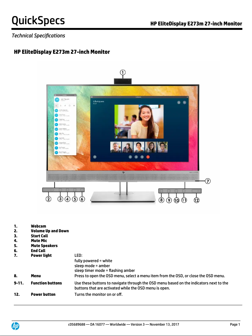 Page 1 de la notice Fiche technique HP EliteDisplay E273m