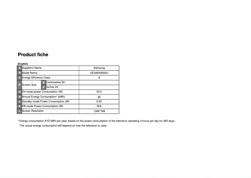 Page 1 de la notice Fiche technique Samsung Series 4 UE24N4300AU