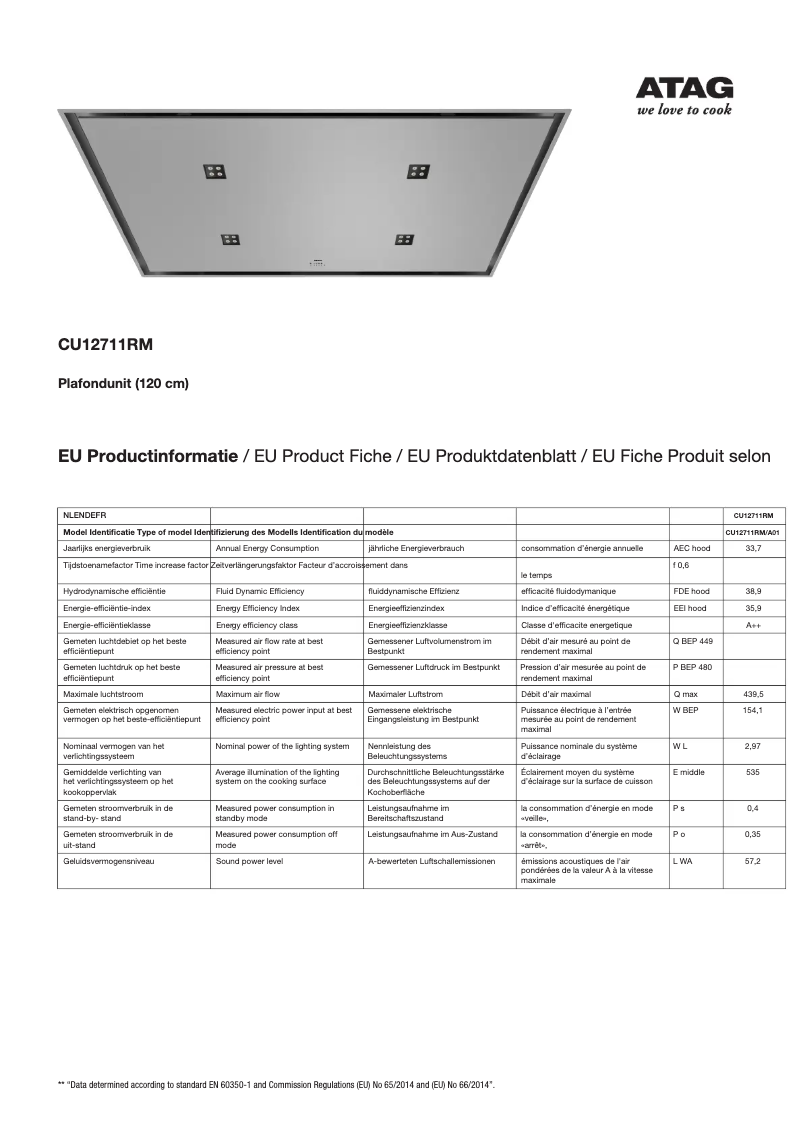 Page 1 de la notice Fiche technique Atag CU12711RM