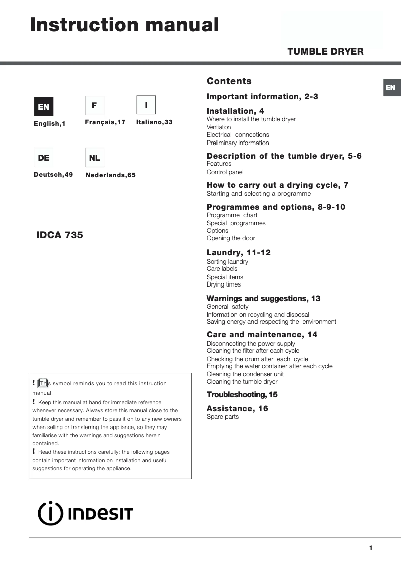 Page n°1 - Manuel utilisateur Indesit IDCA 735