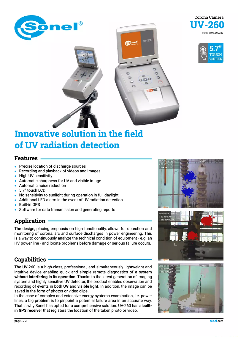 Page 1 de la notice Fiche technique Sonel UV-260