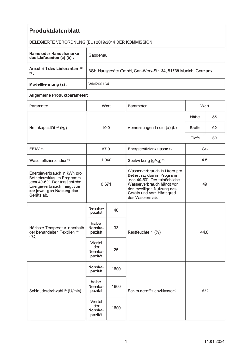 Page n°1 - Fiche technique Gaggenau WM260164
