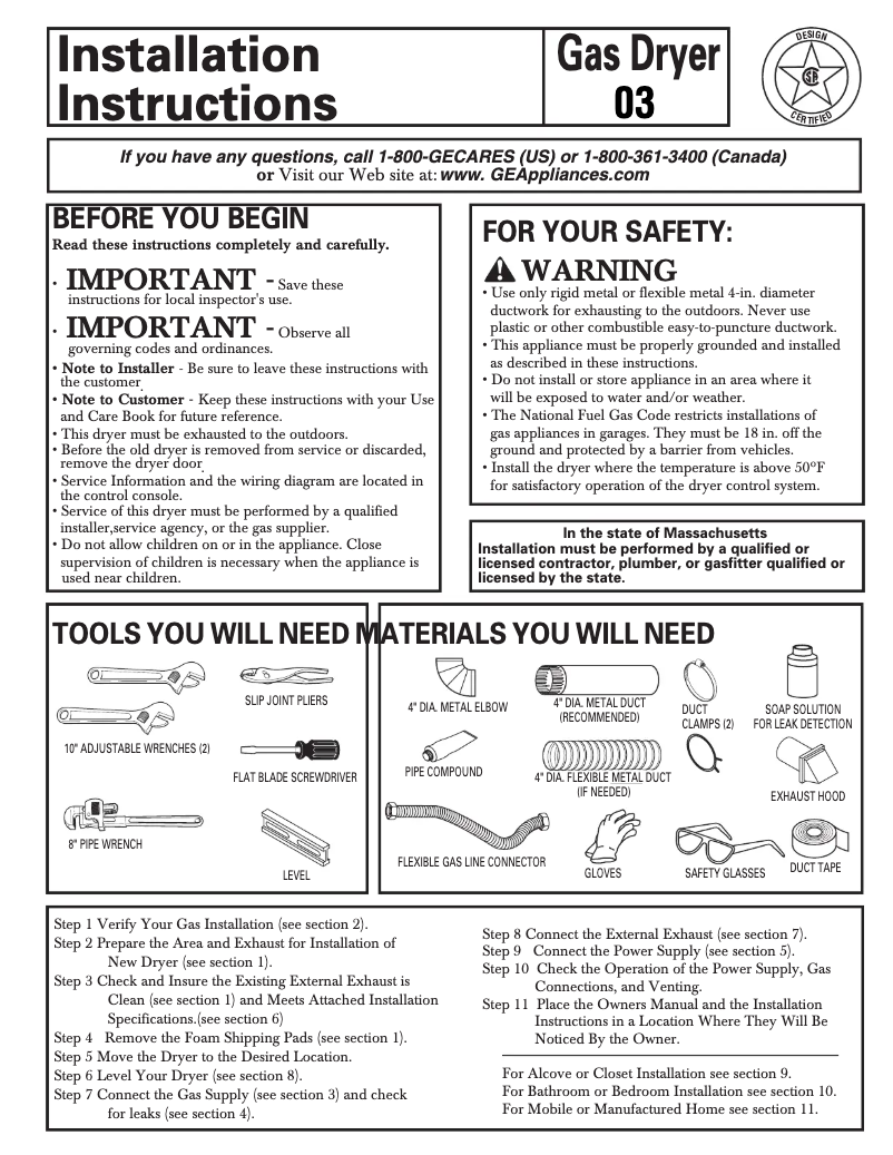 Page 1 of the manual Installation Guide GE Adora DHDVH66GHWW