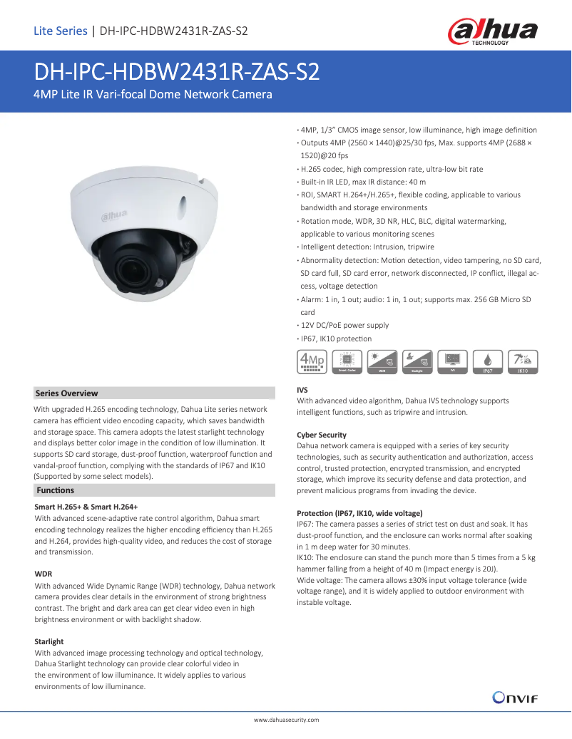 Page 1 de la notice Fiche technique Dahua Technology IPC-HDBW2431R-ZAS-S2