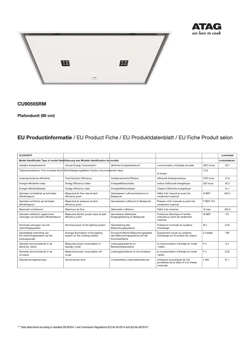 Page 1 de la notice Fiche technique Atag CU90555RM