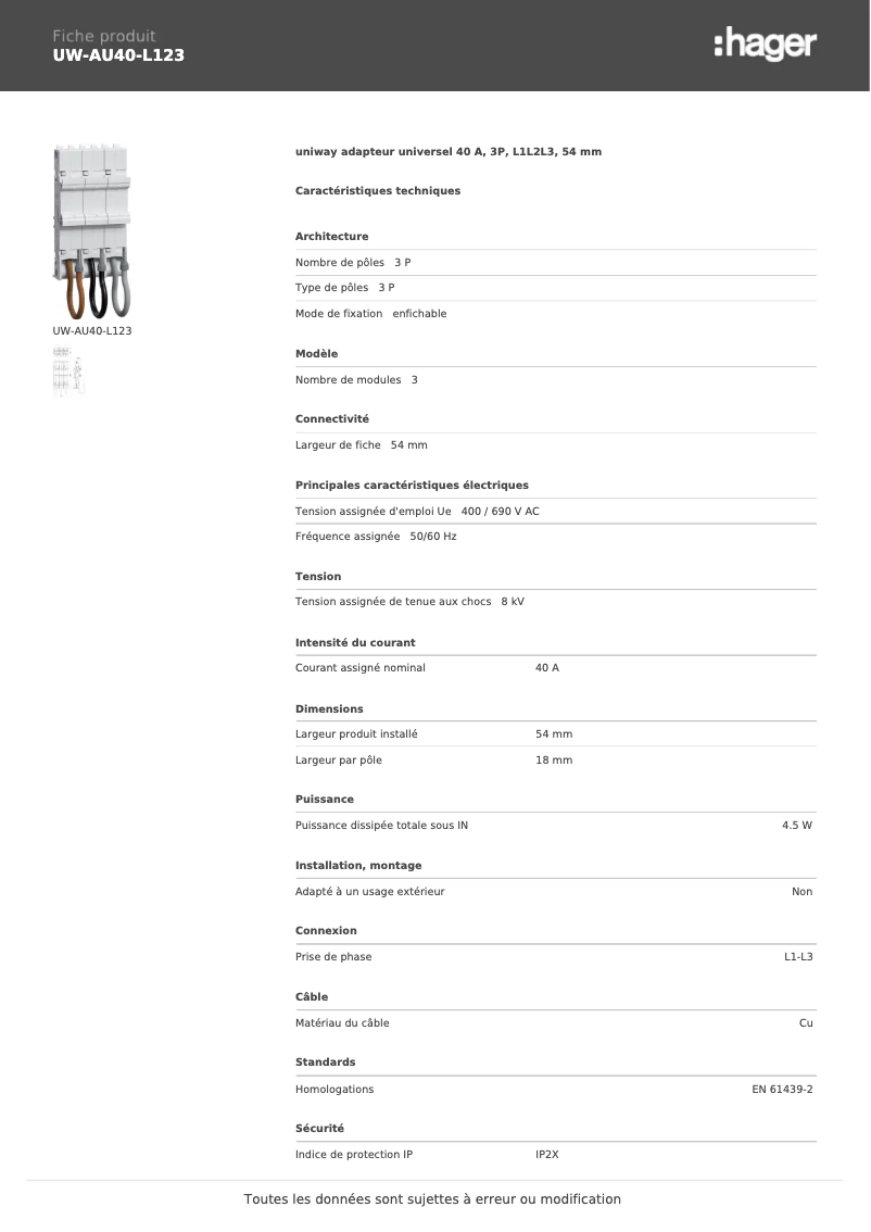 Page n°1 - Manuel utilisateur Hager UW-AU40-L123