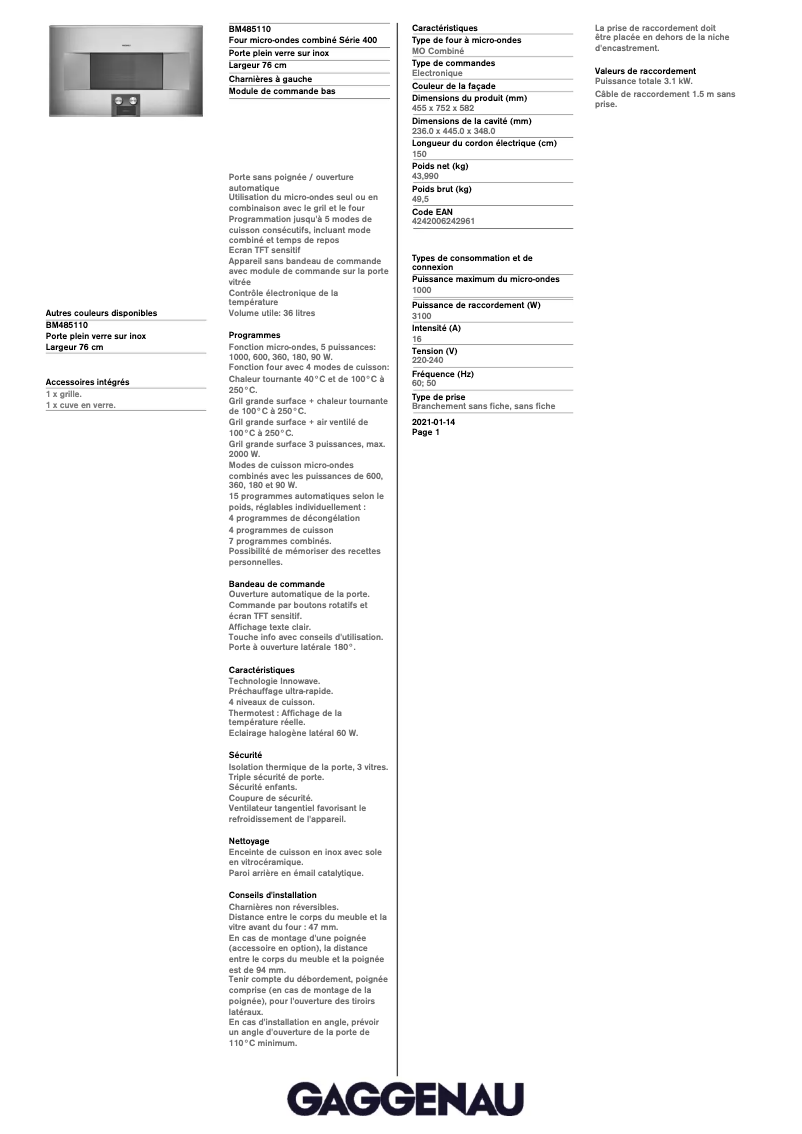 Página 1 del manual Ficha técnica Gaggenau BM485110