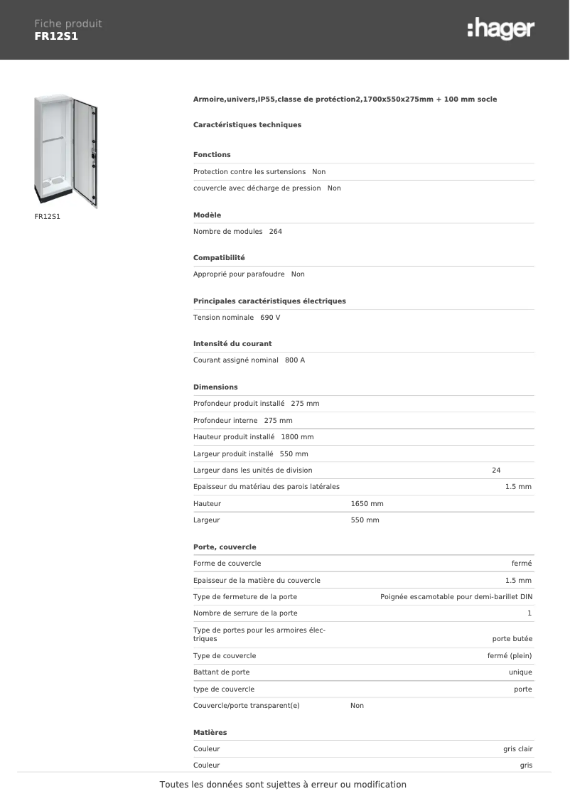 Page n°1 - Fiche technique Hager FR12S1