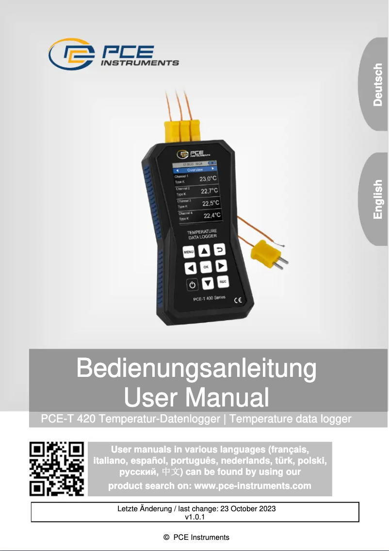 Page 1 of the manual User Manual PCE Instruments PCE-T 420