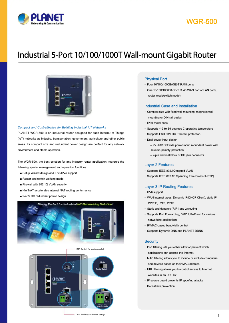 Page 1 de la notice Fiche technique Planet WGR-500